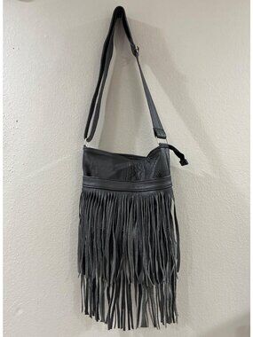 Western Long Fringe Genuine Leather Handbag Crossbody color Black made Mexico